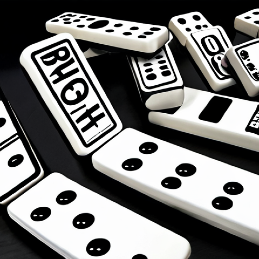 Password Reuse Risk**

A digital domino effect. One domino labeled "Hacked Website" falling and triggering a chain reaction of falling dominoes labeled with social media logos and online banking icons. Gloomy, anxious atmosphere.

**