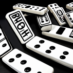 Password Reuse Risk**

A digital domino effect. One domino labeled "Hacked Website" falling and triggering a chain reaction of falling dominoes labeled with social media logos and online banking icons. Gloomy, anxious atmosphere.

**