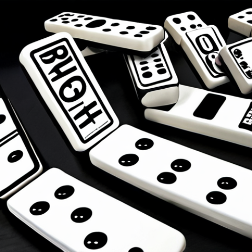 Home 14 Password Reuse Risk**
A digital domino effect. One domino labeled "Hacked Website" falling and triggering a chain reaction of falling dominoes labeled with social media logos and online banking icons. Gloomy, anxious atmosphere.
**