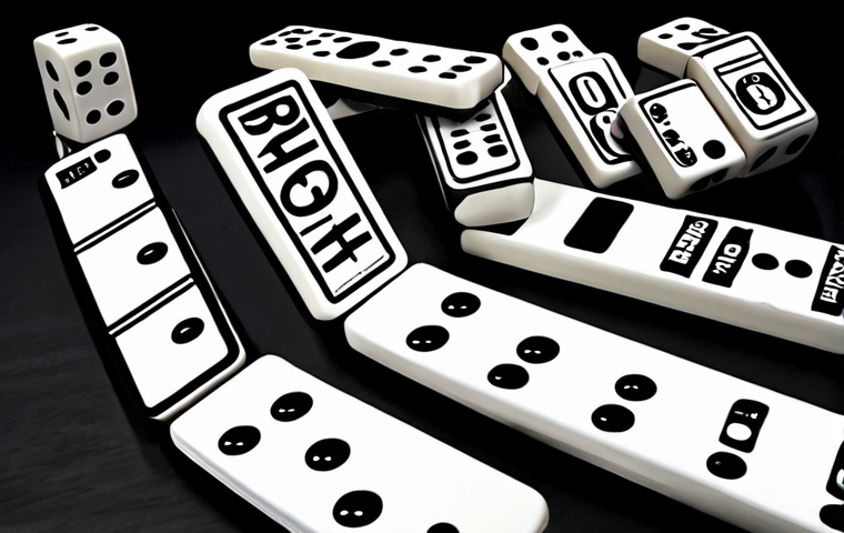 Password Reuse Risk**
A digital domino effect. One domino labeled "Hacked Website" falling and triggering a chain reaction of falling dominoes labeled with social media logos and online banking icons. Gloomy, anxious atmosphere.
**