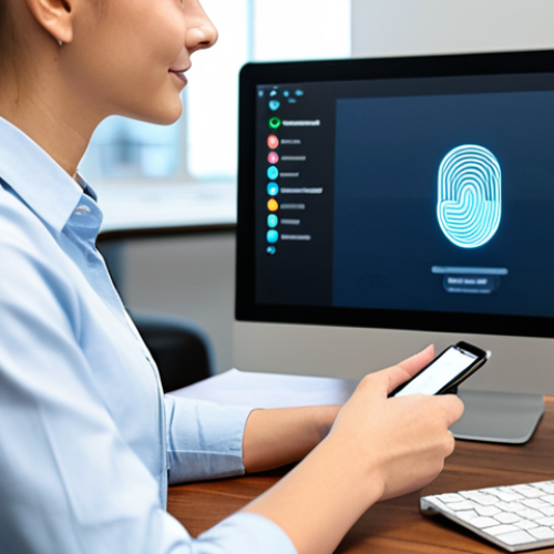 Home 7 A young professional, wearing a modest business casual shirt, fully clothed, is comfortably seated at a sleek wooden desk in a bright, modern co-working space. They are holding a smartphone, with a glowing biometric unlock icon (like a fingerprint or face scan) displayed on the screen, illustrating secure access to a password management application. The background features blurred contemporary office elements and soft natural light. Perfect anatomy, correct proportions, natural pose, well-formed hands, proper finger count, natural body proportions. Safe for work, appropriate content, fully clothed, professional. High-resolution, professional photography, realistic.