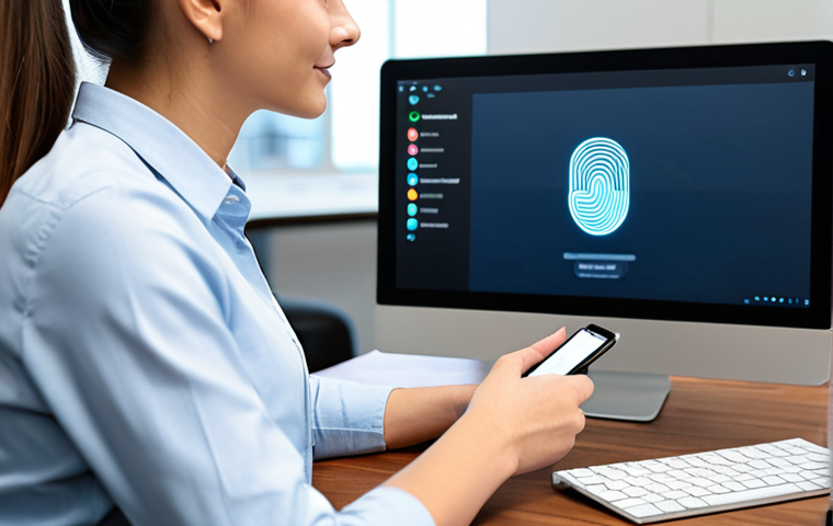 A young professional, wearing a modest business casual shirt, fully clothed, is comfortably seated at a sleek wooden desk in a bright, modern co-working space. They are holding a smartphone, with a glowing biometric unlock icon (like a fingerprint or face scan) displayed on the screen, illustrating secure access to a password management application. The background features blurred contemporary office elements and soft natural light. Perfect anatomy, correct proportions, natural pose, well-formed hands, proper finger count, natural body proportions. Safe for work, appropriate content, fully clothed, professional. High-resolution, professional photography, realistic.